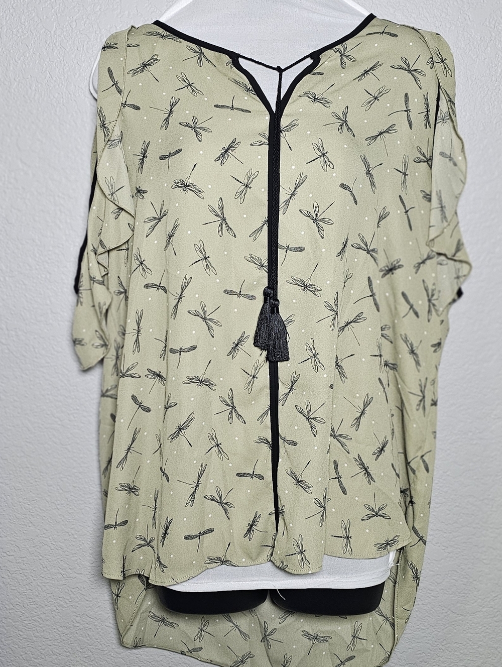 Libby Edelman Boho Dragonfly Blouse XL Sheer Flutter Sleeve Tassel Top